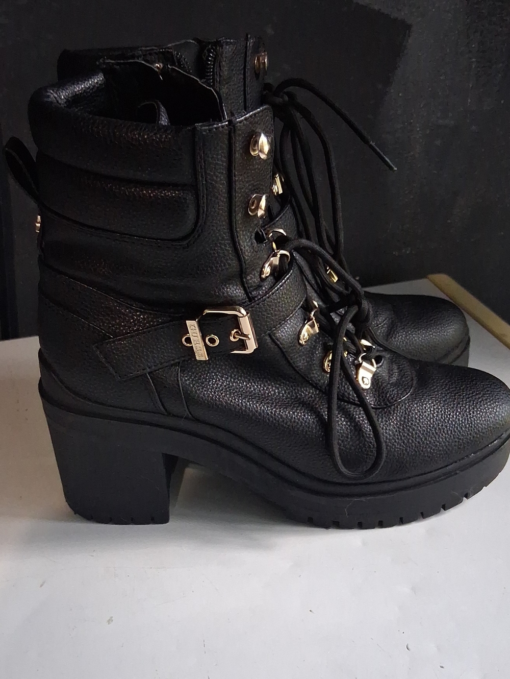 Black Lace-Up Platform Ankle Boots with Gold Buckle Detail